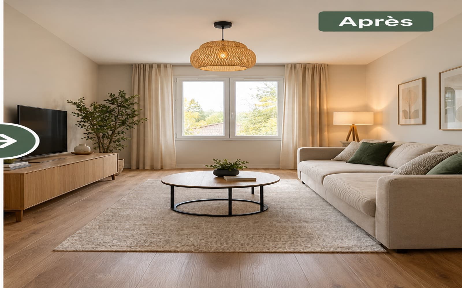 La même pièce après rénovation : espace lumineux, fini et meublé