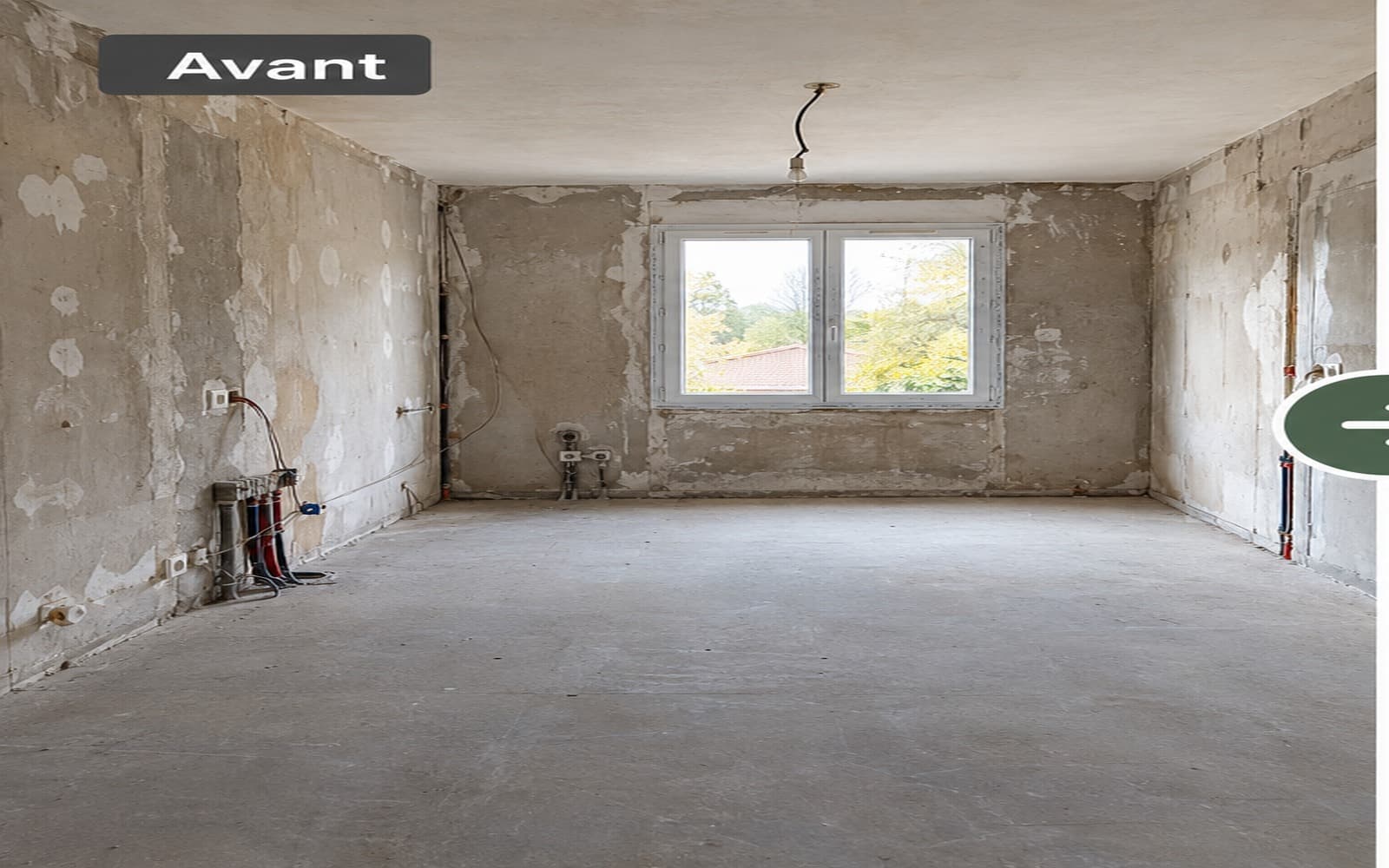 Pièce avant travaux : murs bruts et sol à refaire